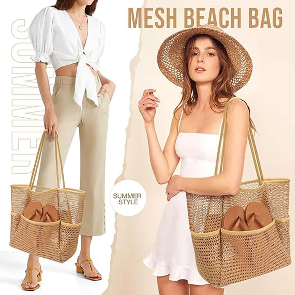 Women's Foldable Beach Tote Bag – Lightweight Nylon Mesh Shoulder Bag for Holidays, Picnics & Summer Days