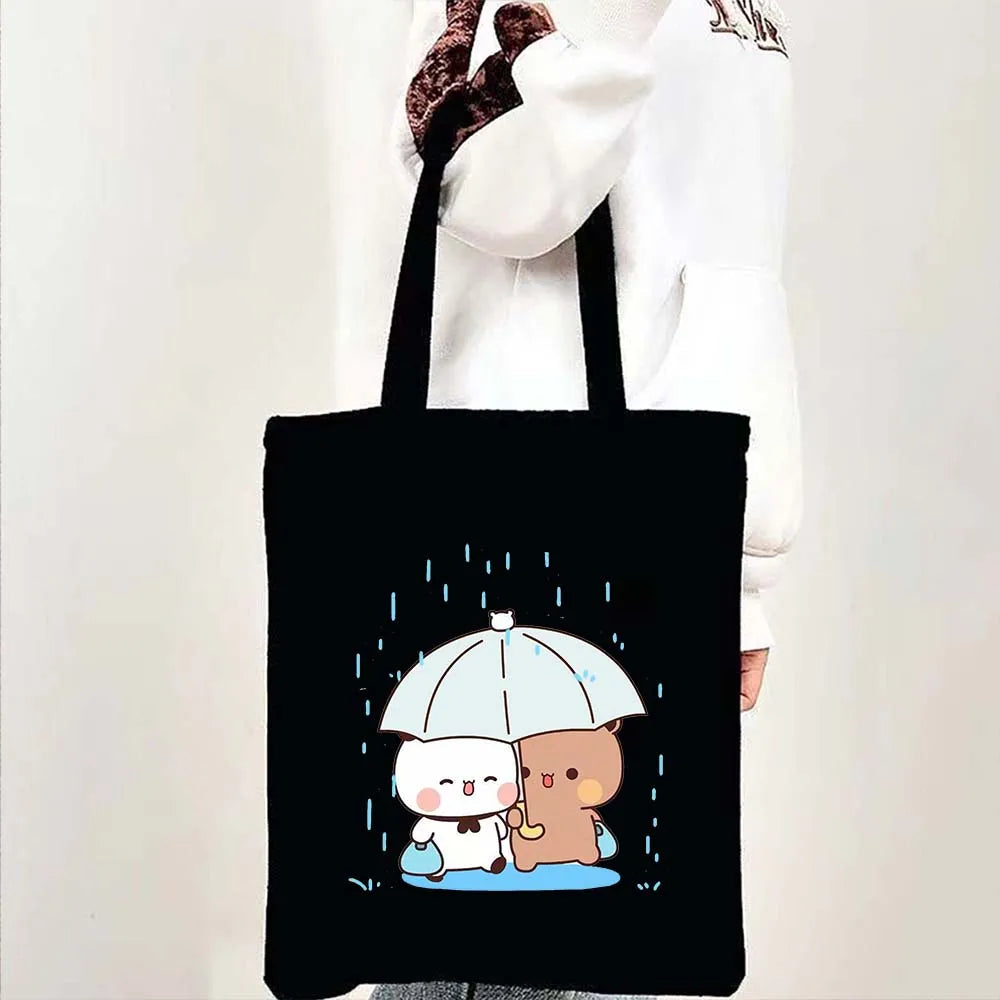 Cute Kawaii Bear Canvas Tote Bag – Bubu Dudu Love Couple Eco-Friendly Cotton Shopper for Women & Girls