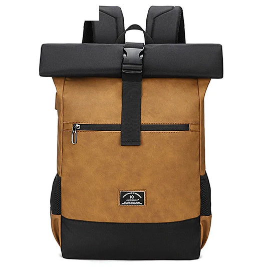 Luxury Waterproof PU Leather Backpack Lightweight Roll Top Rucksack