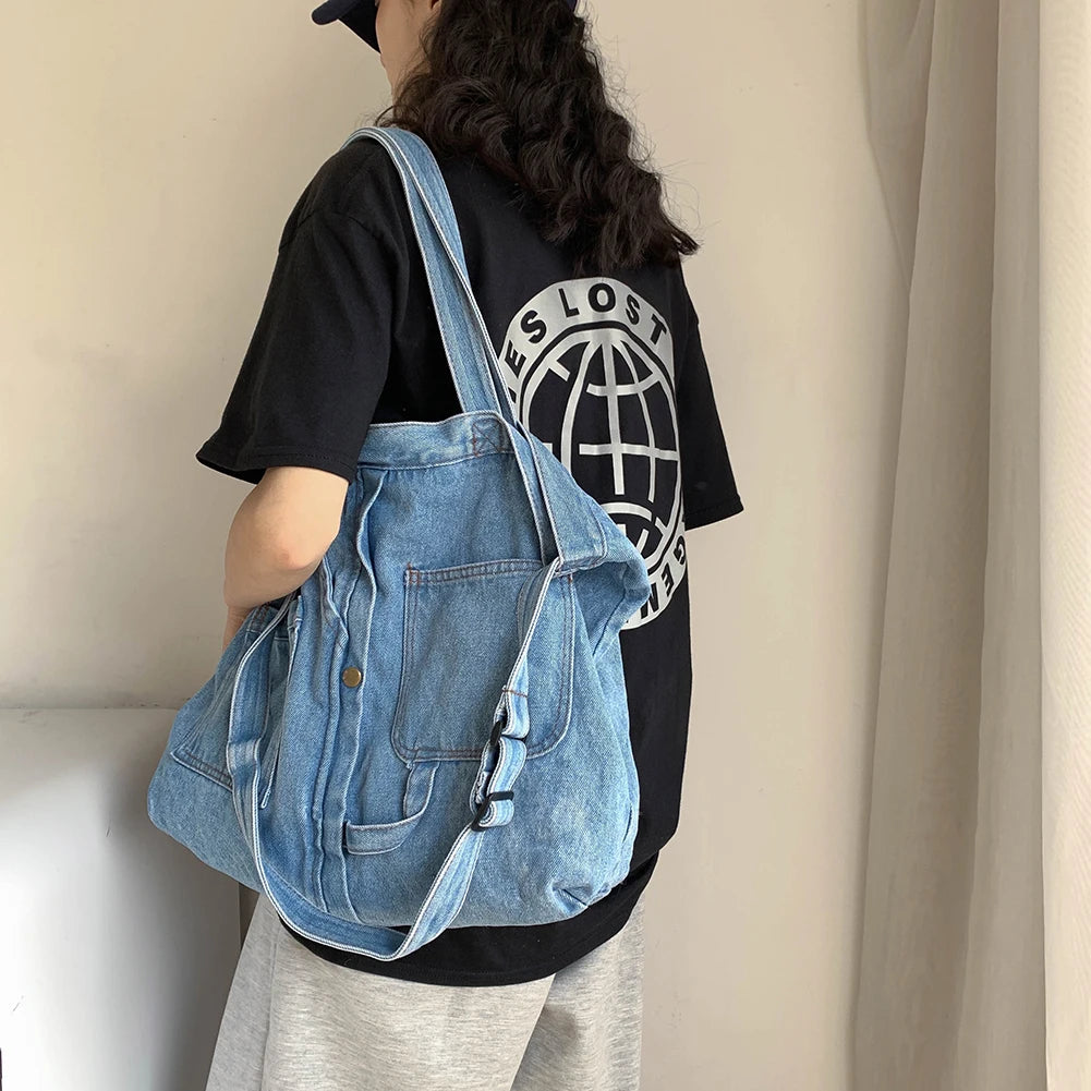 Women's Retro Shoulder Handbag – Large Capacity Vintage Crossbody Denim Tote for Travel & Daily Use