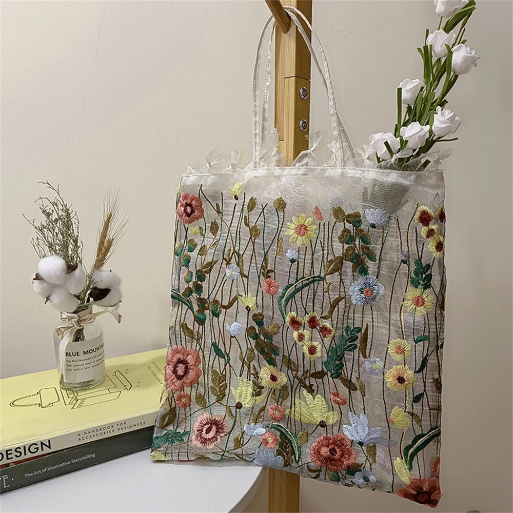 Tote Bag mit bestickter Netzblume – Transparente Sommer-Umhängetasche für Damen