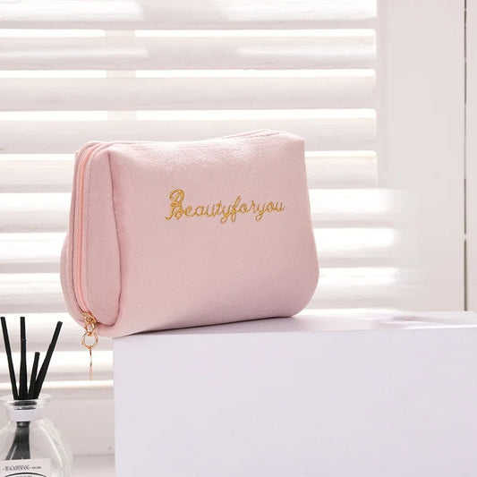 Velvet Women Cosmetic Bag Travel Zipper Large for Makeup Solid Color