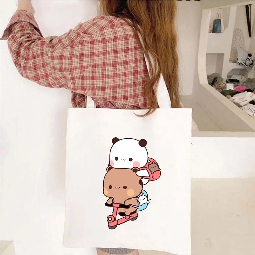 Cute Kawaii Bear Canvas Tote Bag – Bubu Dudu Love Couple Eco-Friendly Cotton Shopper for Women & Girls