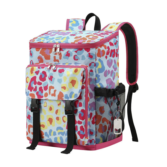Leopard Print Insulated Cooler Backpack – Soft Waterproof Oxford Lunch Bag for Beach, Hiking, Shopping & Summer Cans Storage