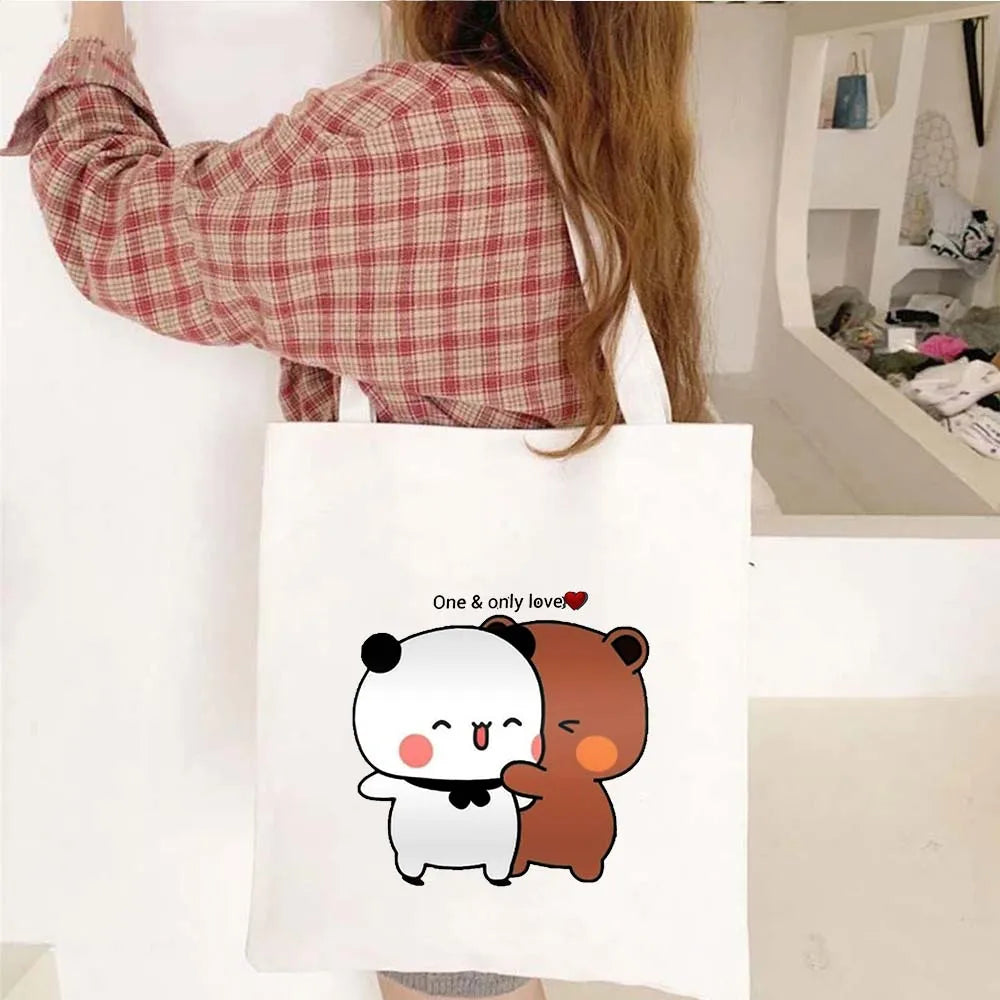 Cute Kawaii Bear Canvas Tote Bag – Bubu Dudu Love Couple Eco-Friendly Cotton Shopper for Women & Girls
