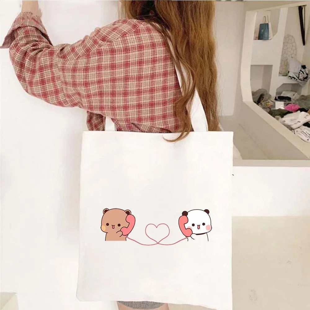 Cute Kawaii Bear Canvas Tote Bag – Bubu Dudu Love Couple Eco-Friendly Cotton Shopper for Women & Girls