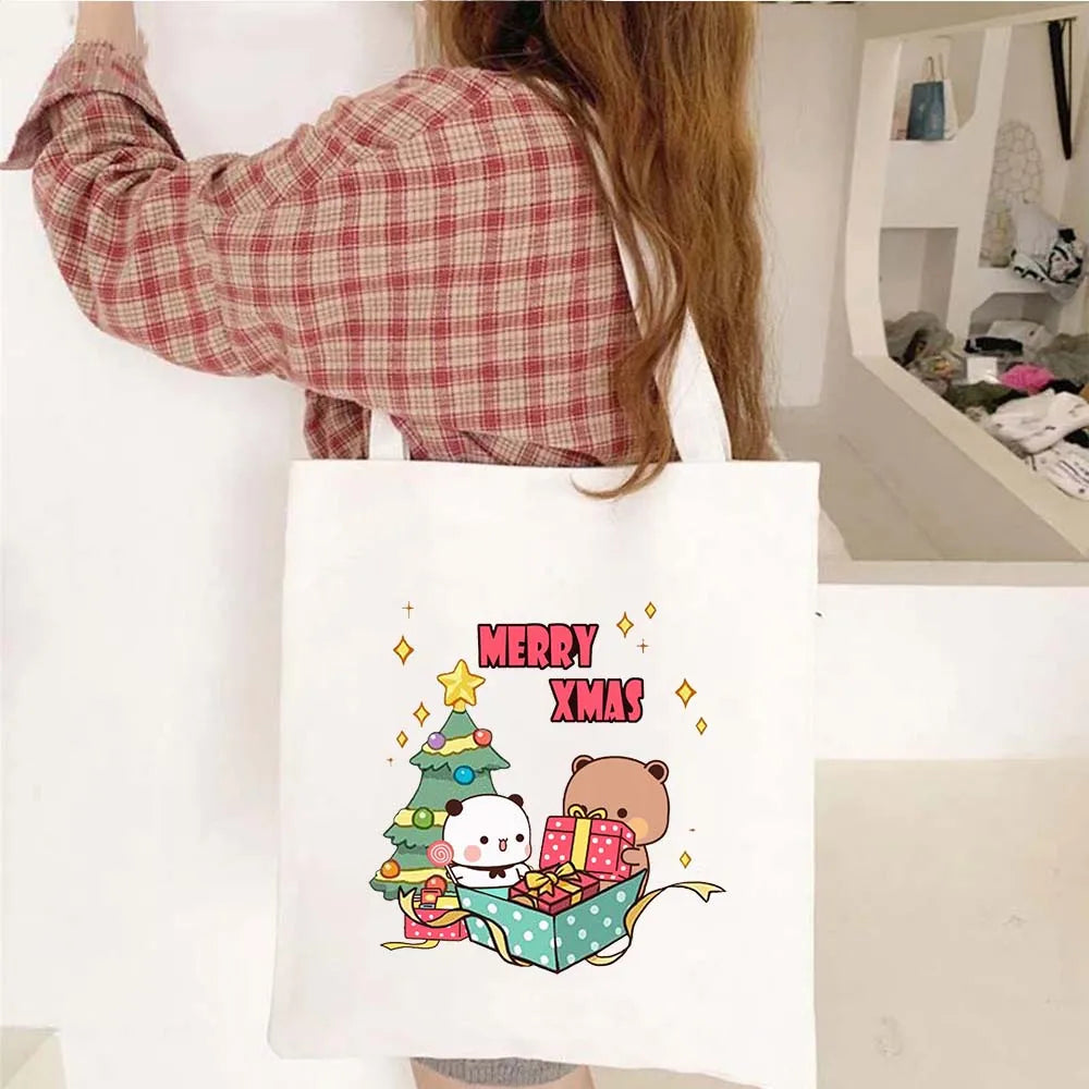 Cute Kawaii Bear Canvas Tote Bag – Bubu Dudu Love Couple Eco-Friendly Cotton Shopper for Women & Girls