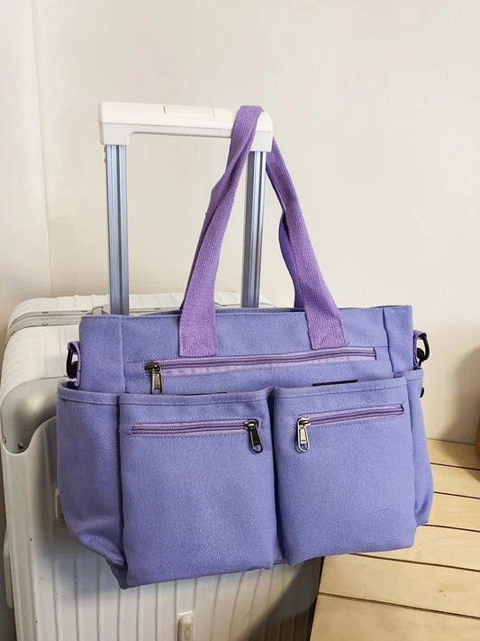 Lehrertasche aus Segeltuch für Damen – Große Schultertasche mit Reißverschluss und Innenfächern, lässiges Farbblock-Design