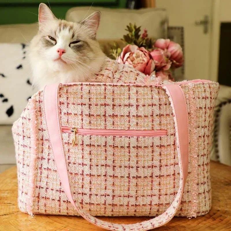 Luxury Plaid Small Dog Carrier Shoulder Bag – Soft-Sided Travel Handbag for Cats & Puppies