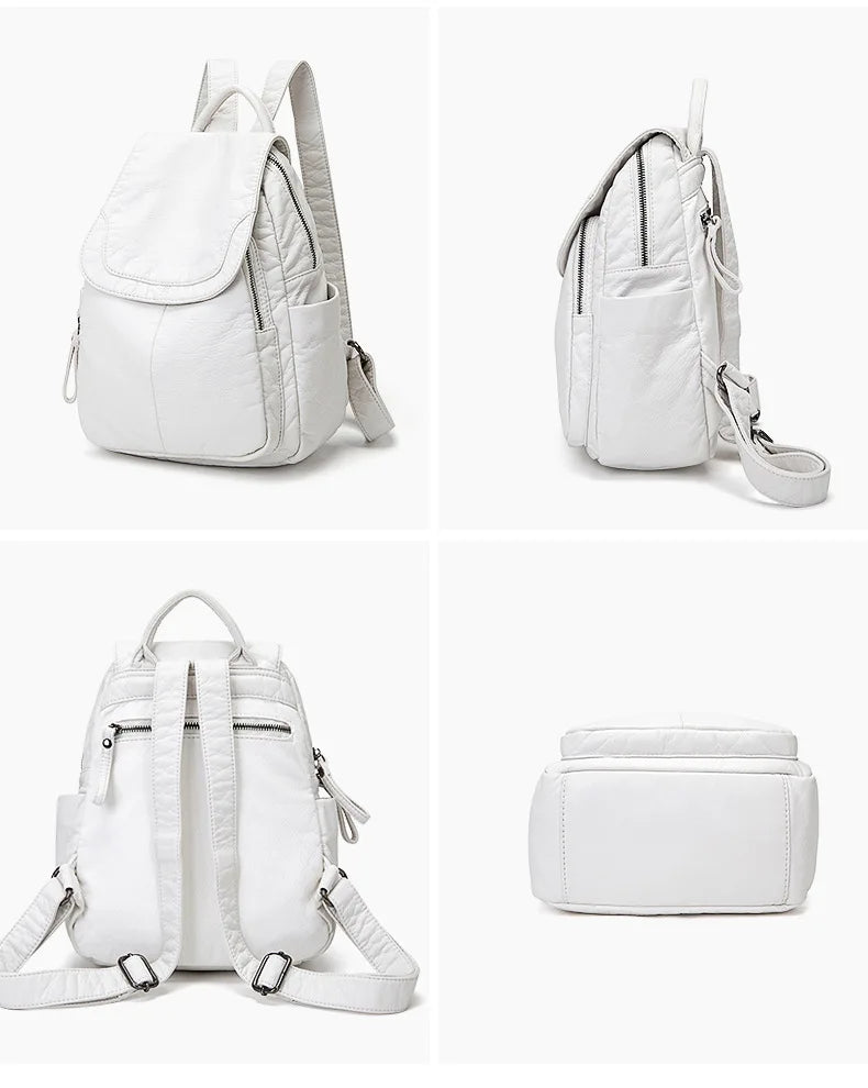 Motaora Women’s White Washed Leather Backpack – Small Casual Travel Bag & School Backpack for Girls
