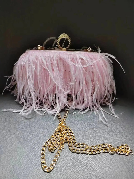 Multicolored Ostrich Feather Evening Clutch Purse with Knuckle Ring