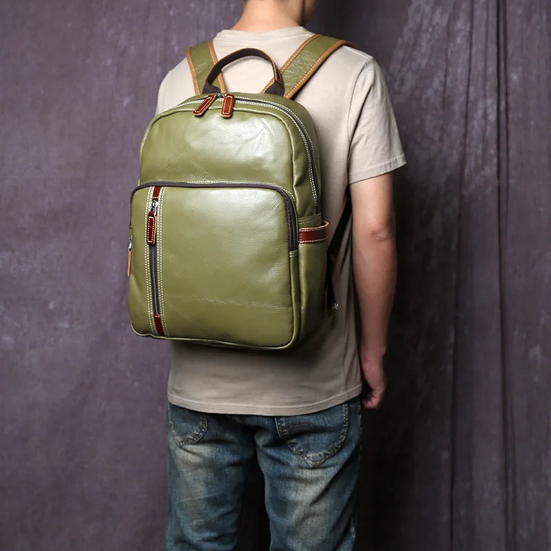 Genuine Leather Backpack for Men – Casual College Style Cowhide Laptop Bag, Fits 15-Inch, Simple & Fashionable Design