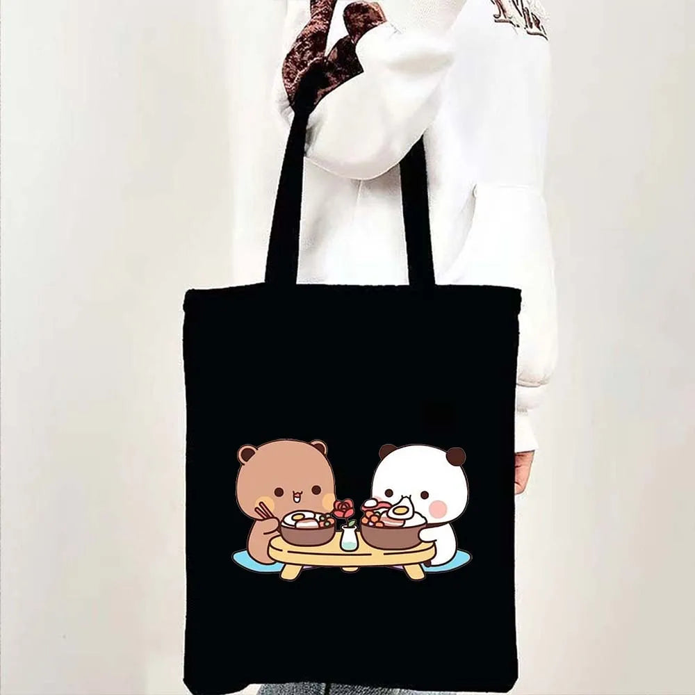 Cute Kawaii Bear Canvas Tote Bag – Bubu Dudu Love Couple Eco-Friendly Cotton Shopper for Women & Girls