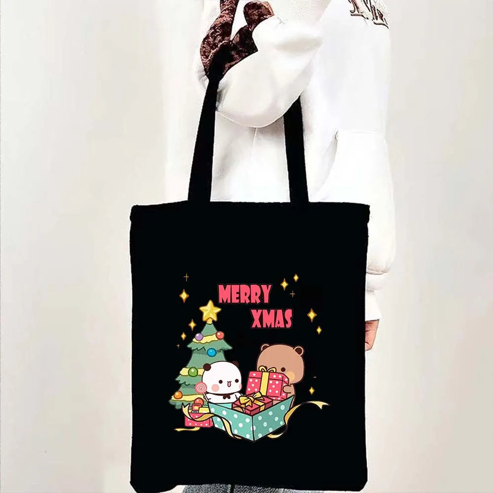 Cute Kawaii Bear Canvas Tote Bag – Bubu Dudu Love Couple Eco-Friendly Cotton Shopper for Women & Girls