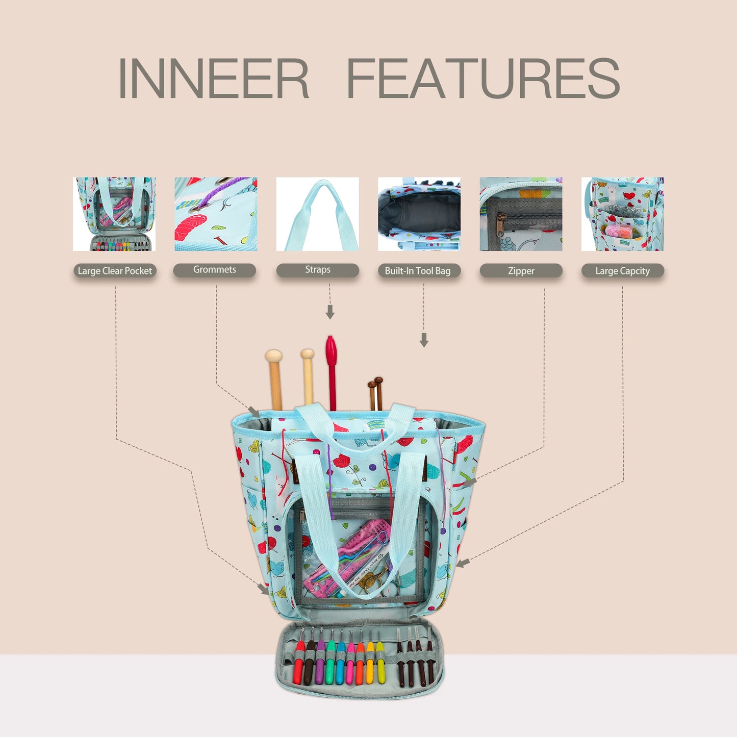 KOKNIT Knitting Tote Bag – Yarn Storage Organizer for Crochet Hooks, Knitting Needles & DIY Sewing Accessories