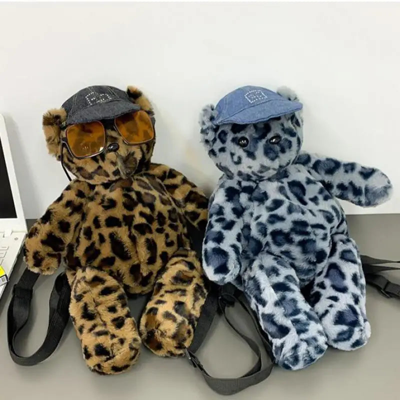 Cute Furry Teddy Bear Backpack – Leopard Print Plush Doll Shaped Bag for Women, Casual Fashion Winter Style