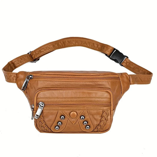 Damen Vintage Gürteltasche aus Kunstleder mit Nieten – Stilvolle Outdoor-Reise-Gürteltasche