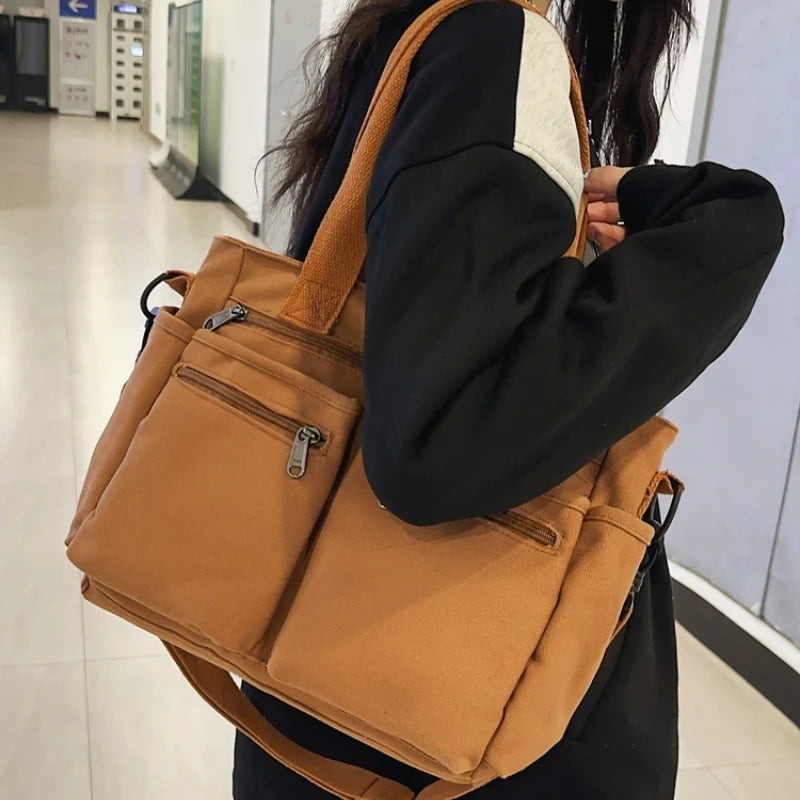 Lehrertasche aus Segeltuch für Damen – Große Schultertasche mit Reißverschluss und Innenfächern, lässiges Farbblock-Design