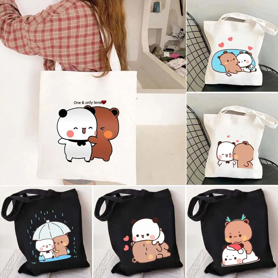 Cute Kawaii Bear Canvas Tote Bag – Bubu Dudu Love Couple Eco-Friendly Cotton Shopper for Women & Girls