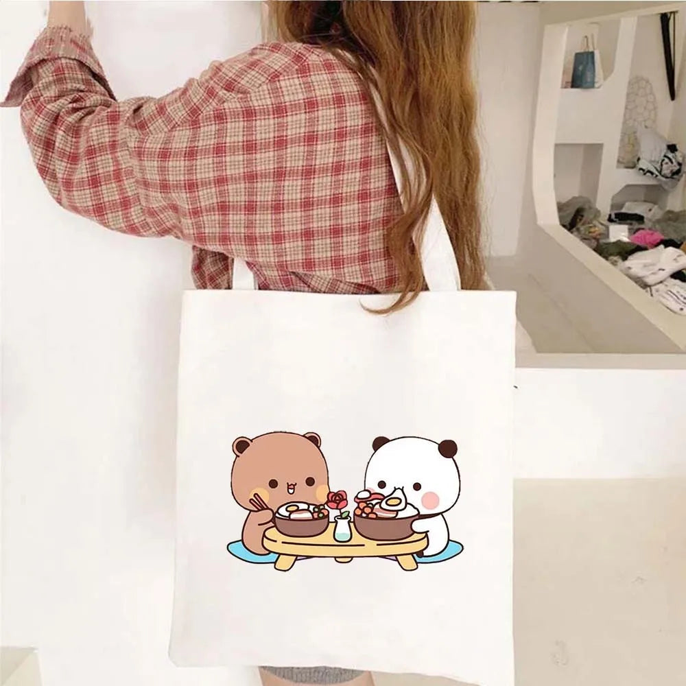 Cute Kawaii Bear Canvas Tote Bag – Bubu Dudu Love Couple Eco-Friendly Cotton Shopper for Women & Girls