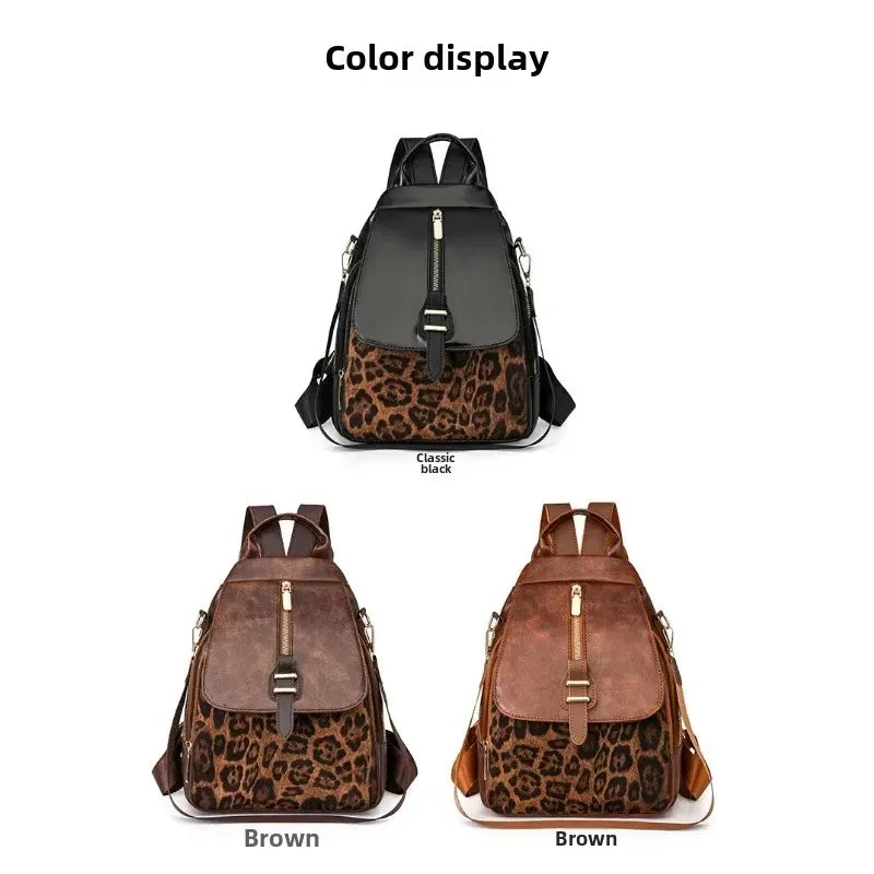 Damen-Rucksack mit Reißverschluss aus PU-Leder mit Leopardenmuster – modische Retro-Tasche für den Frühling