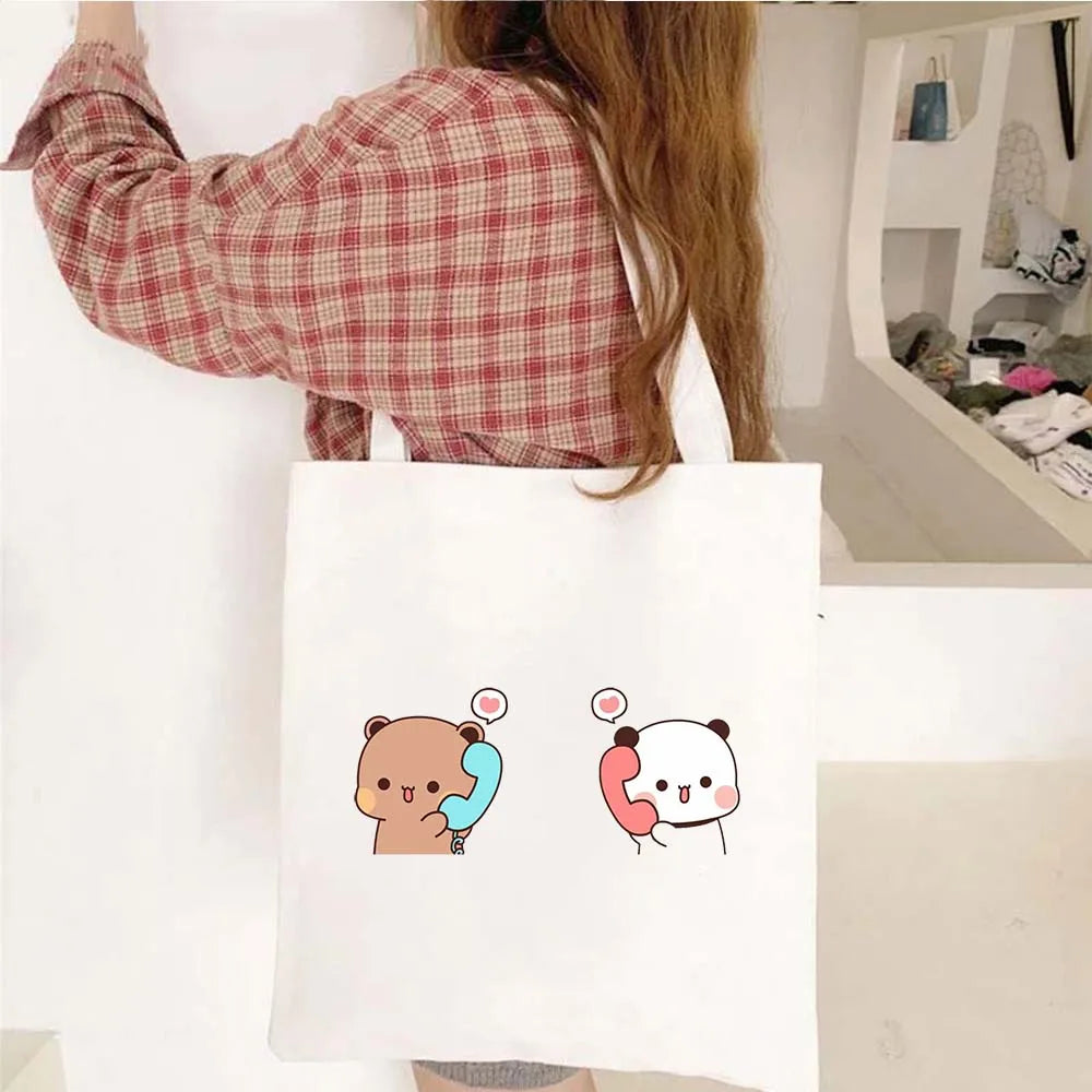 Cute Kawaii Bear Canvas Tote Bag – Bubu Dudu Love Couple Eco-Friendly Cotton Shopper for Women & Girls