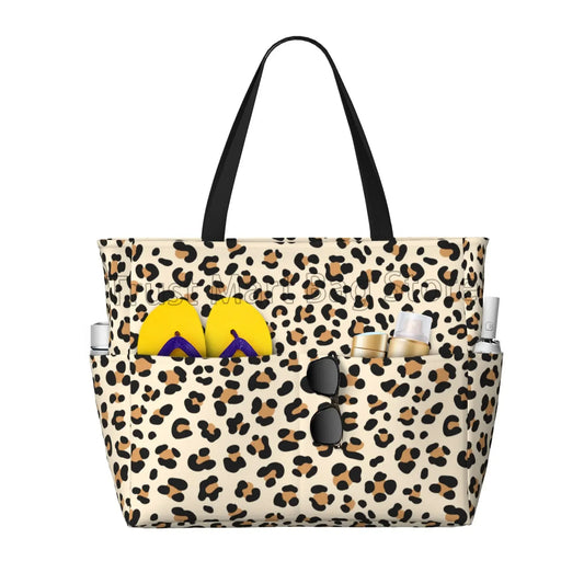 Large Leopard Print Tote – Waterproof Beach Bag with Pockets