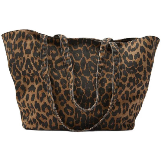 Leopard Print Canvas Tote Bag – Large Capacity Shoulder Handbag for Women