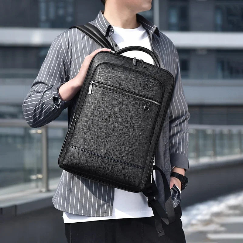 Executive PU Leather Laptop Backpack for Men – USB Charging Business Briefcase, Office & Travel Shoulder Bag
