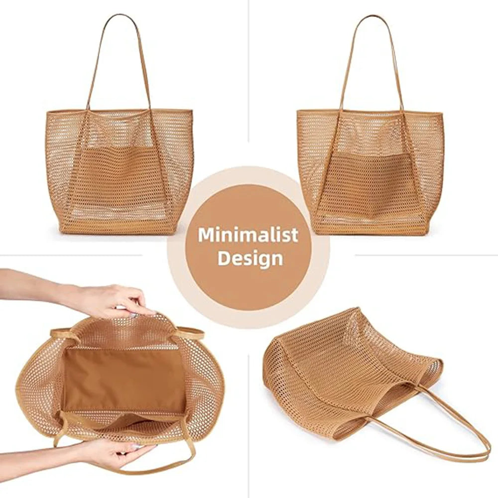 Women's Foldable Beach Tote Bag – Lightweight Nylon Mesh Shoulder Bag for Holidays, Picnics & Summer Days