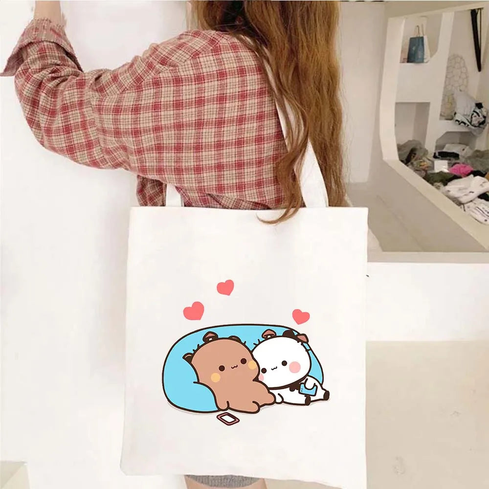 Cute Kawaii Bear Canvas Tote Bag – Bubu Dudu Love Couple Eco-Friendly Cotton Shopper for Women & Girls