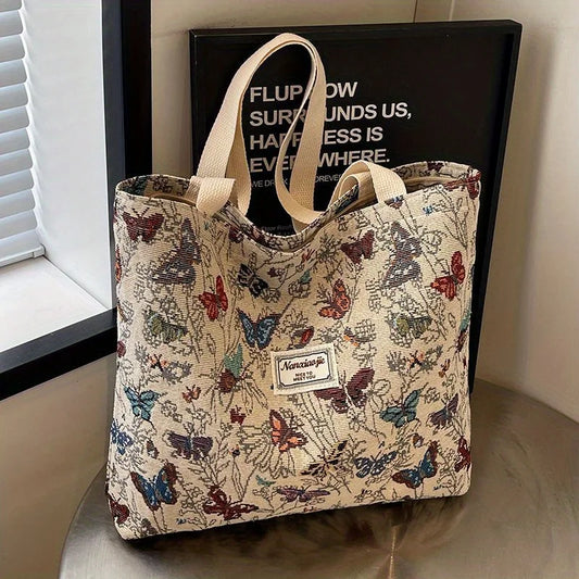 Schicke Canvas-Handtasche mit großem Fassungsvermögen und buntem Schmetterlings- und Blumendesign – modische Umhängetasche mit Reißverschluss