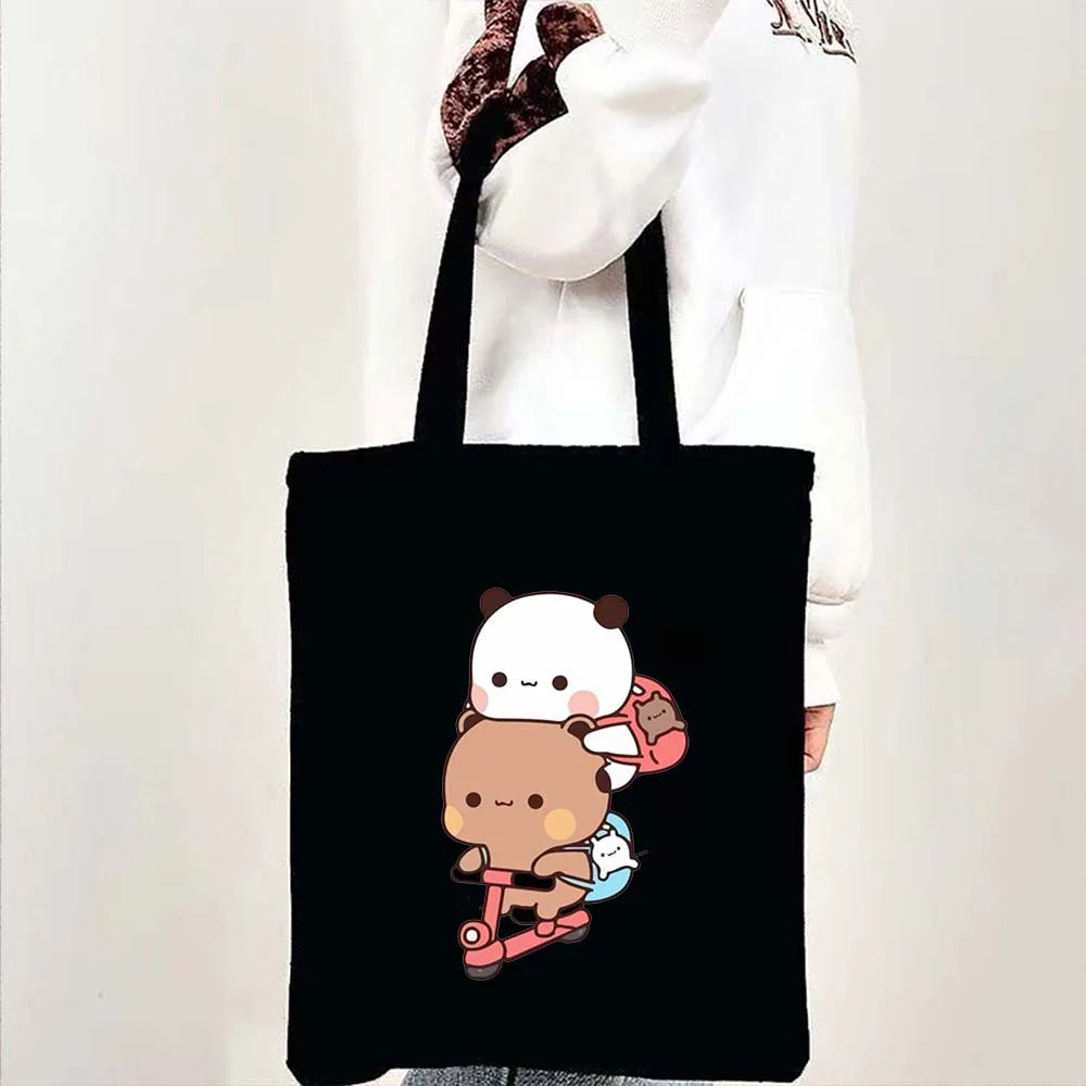 Cute Kawaii Bear Canvas Tote Bag – Bubu Dudu Love Couple Eco-Friendly Cotton Shopper for Women & Girls