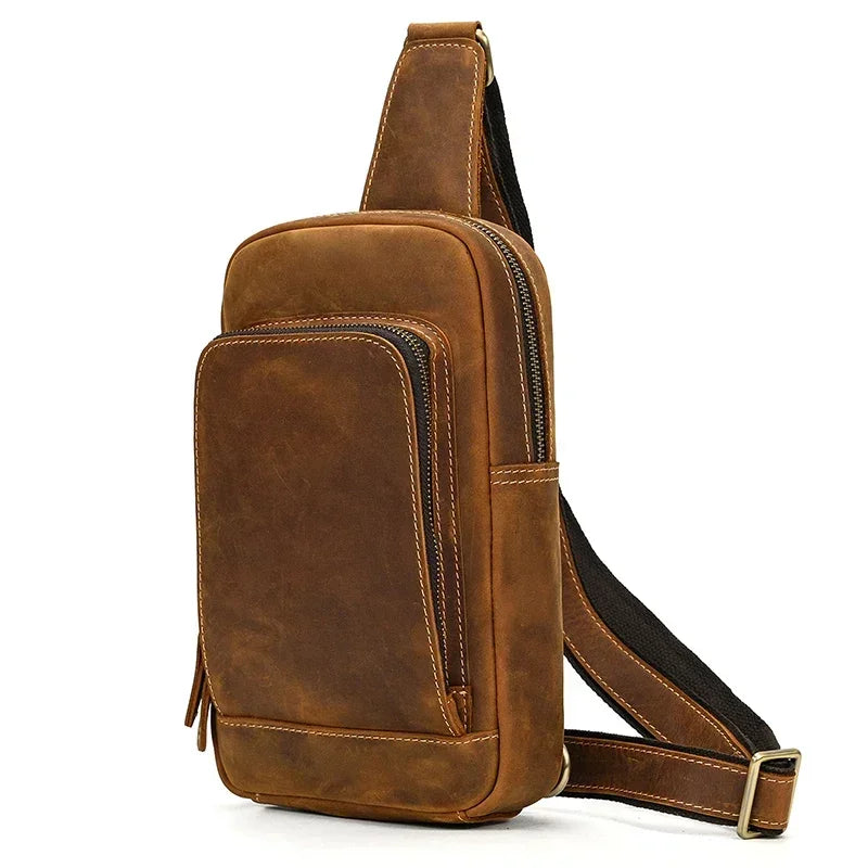 Sling Bag aus echtem Leder – Unisex Casual Brust- und Schultertasche mit Reißverschluss"