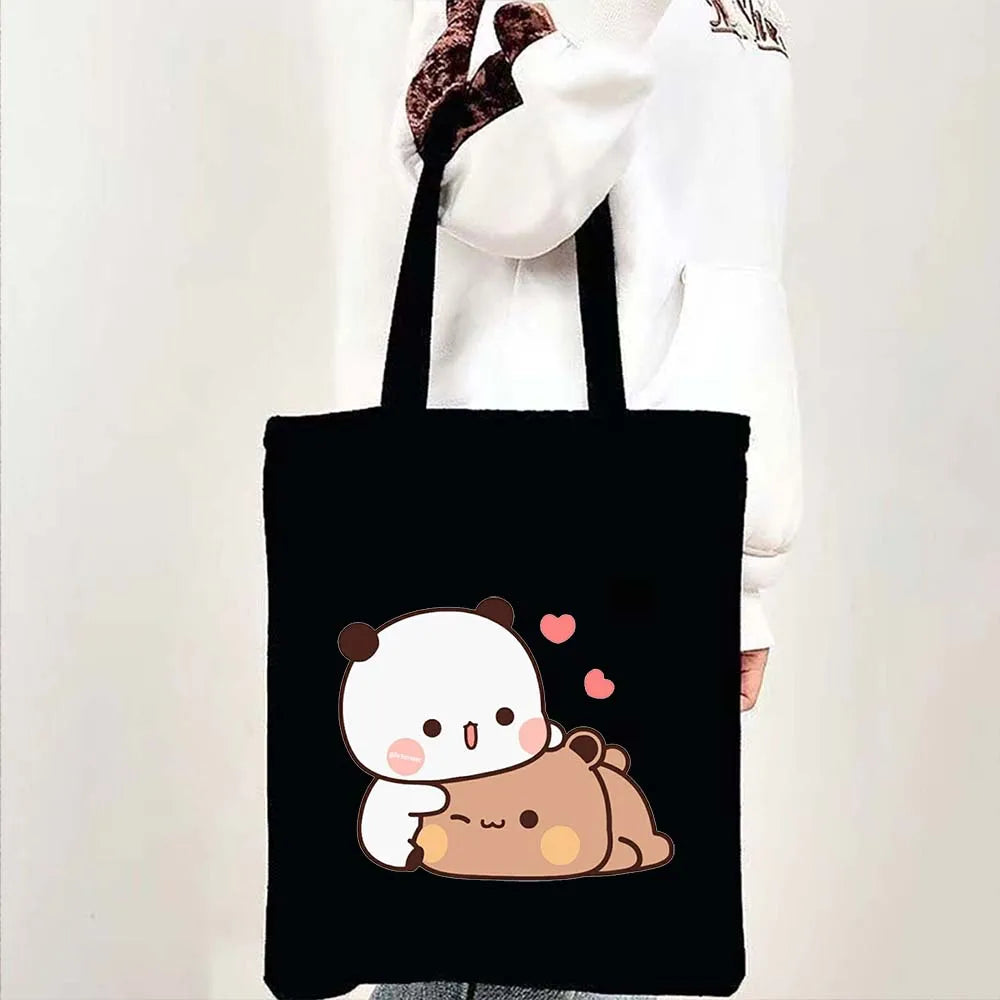 Cute Kawaii Bear Canvas Tote Bag – Bubu Dudu Love Couple Eco-Friendly Cotton Shopper for Women & Girls