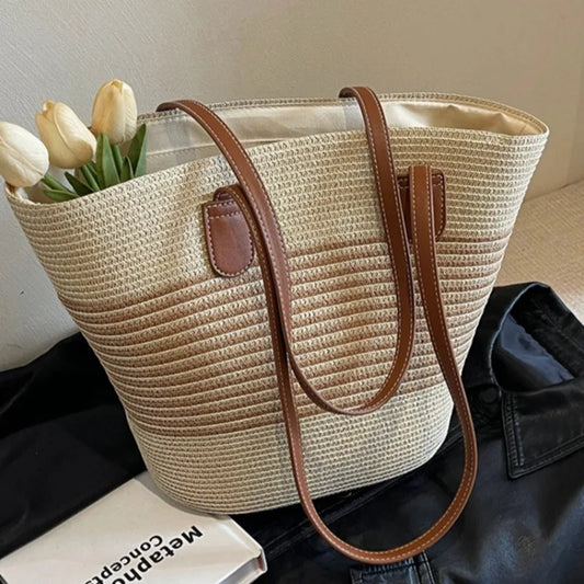 Women's Summer Large Capacity Straw Shoulder Bag Beach Vacation Lightweight
