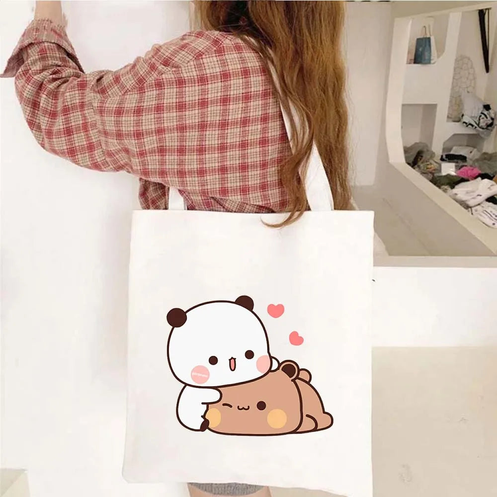 Cute Kawaii Bear Canvas Tote Bag – Bubu Dudu Love Couple Eco-Friendly Cotton Shopper for Women & Girls