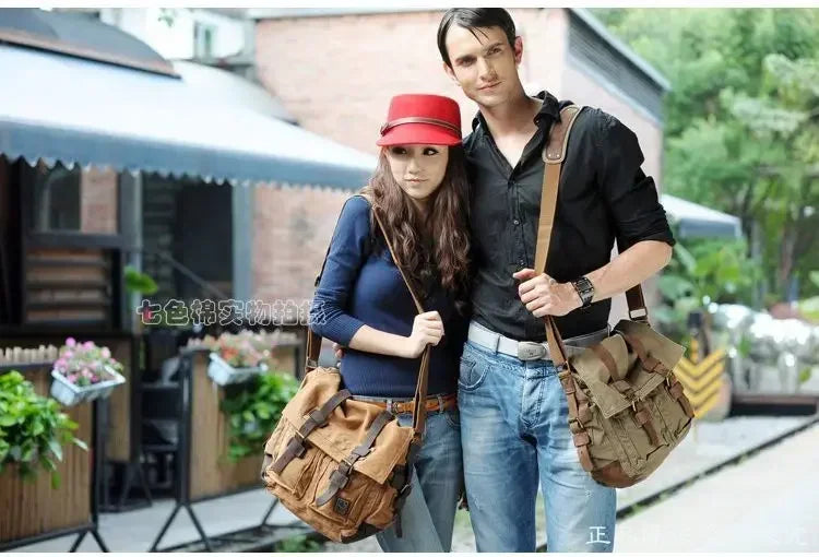 Vintage Canvas & Leather Rucksack – Unisex Casual Messenger Backpack for School, Travel & Hiking