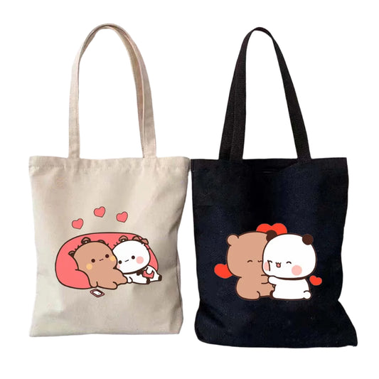 Cute Kawaii Bear Canvas Tote Bag – Bubu Dudu Love Couple Eco-Friendly Cotton Shopper for Women & Girls
