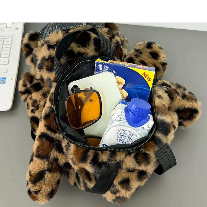Cute Furry Teddy Bear Backpack – Leopard Print Plush Doll Shaped Bag for Women, Casual Fashion Winter Style
