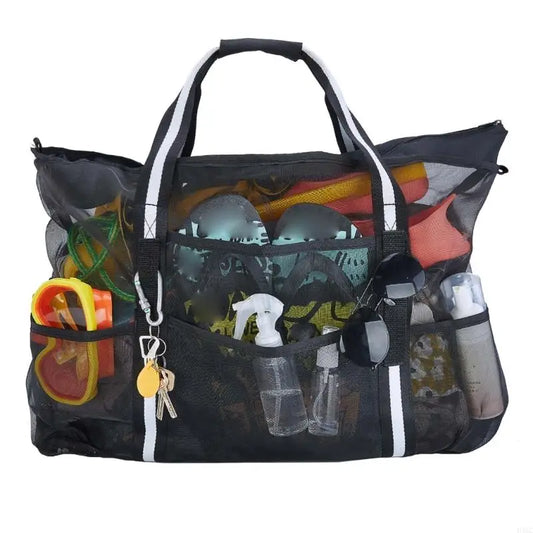 Extragroße Netz-Strandtasche D46C – Leichte Nylon-Tragetasche mit Reißverschluss und Taschen für Reise-, Pool- und Sommerausrüstung