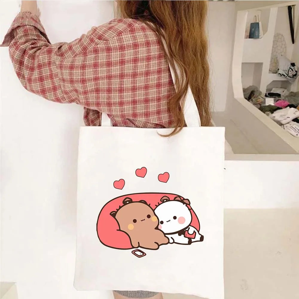Cute Kawaii Bear Canvas Tote Bag – Bubu Dudu Love Couple Eco-Friendly Cotton Shopper for Women & Girls