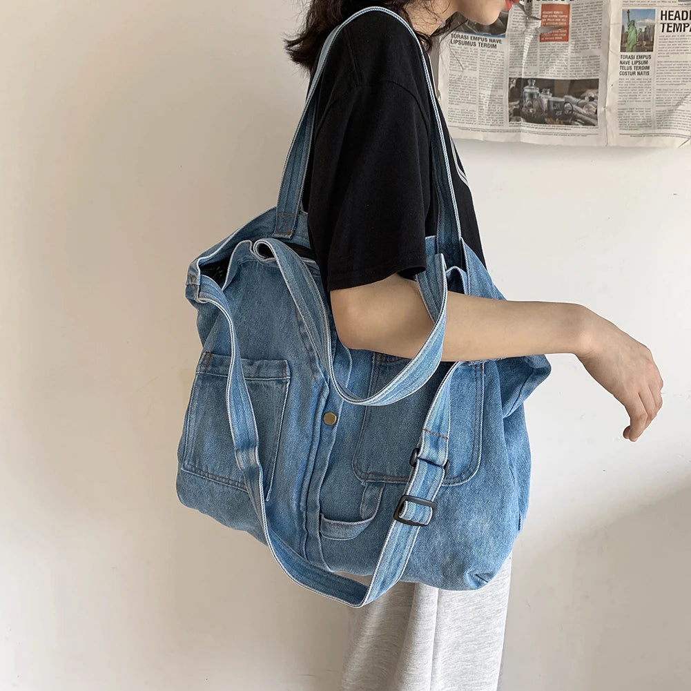 Women's Retro Shoulder Handbag – Large Capacity Vintage Crossbody Denim Tote for Travel & Daily Use