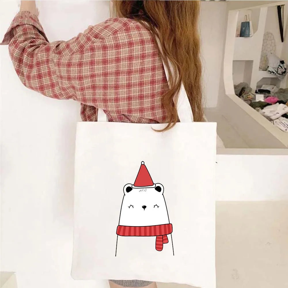 Cute Kawaii Bear Canvas Tote Bag – Bubu Dudu Love Couple Eco-Friendly Cotton Shopper for Women & Girls