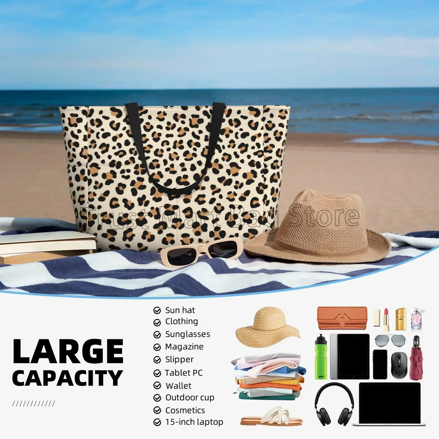 Große Tragetasche mit Leopardenmuster – Wasserdichte Strandtasche mit Taschen