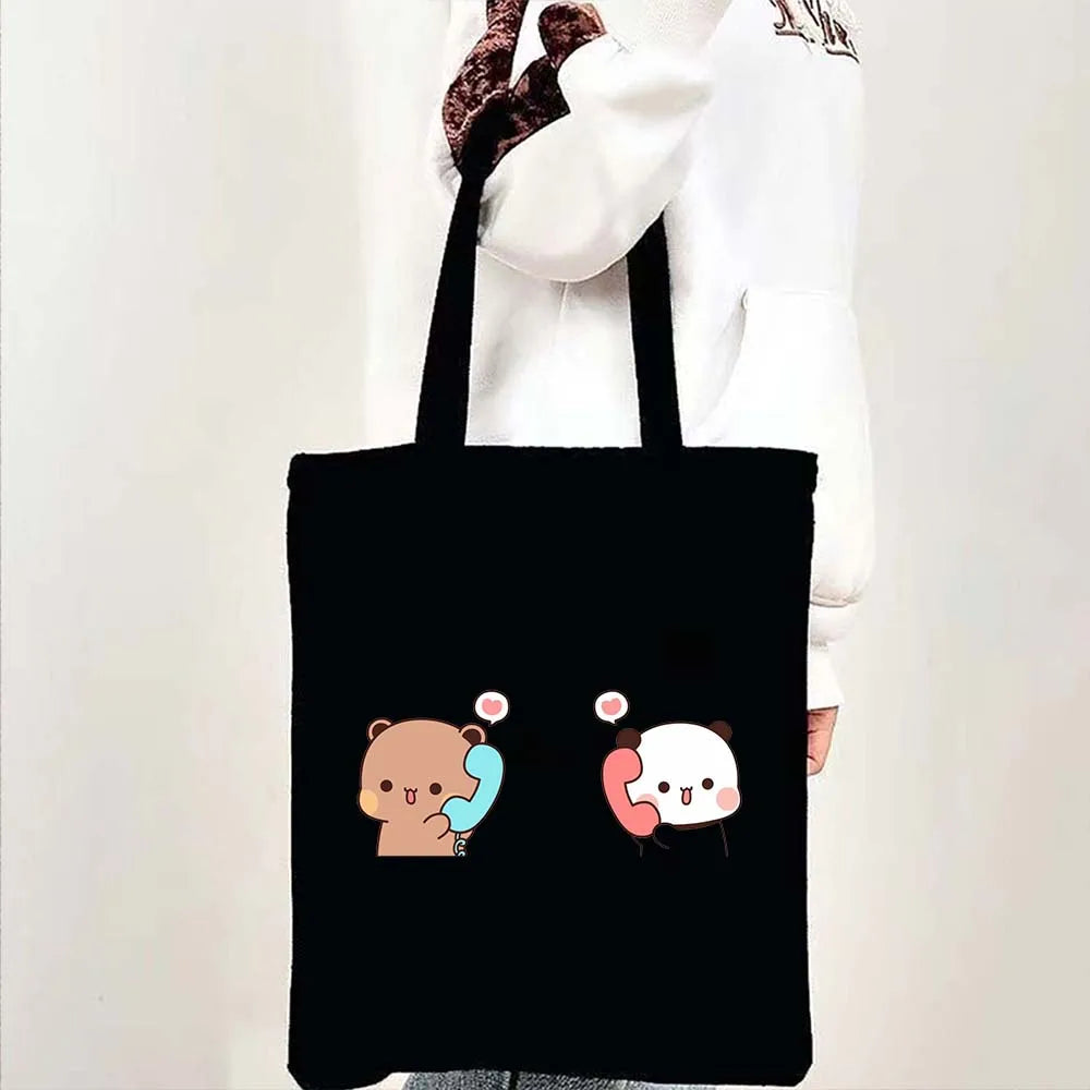 Cute Kawaii Bear Canvas Tote Bag – Bubu Dudu Love Couple Eco-Friendly Cotton Shopper for Women & Girls