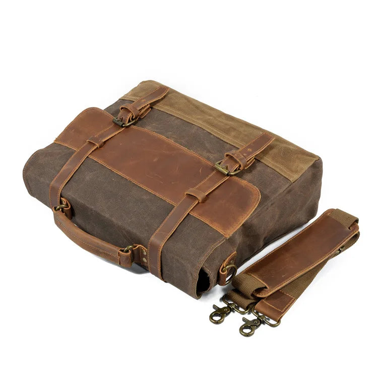 Waterproof Waxed Canvas & Cowhide Briefcase – Men’s Vintage Business Laptop Shoulder
