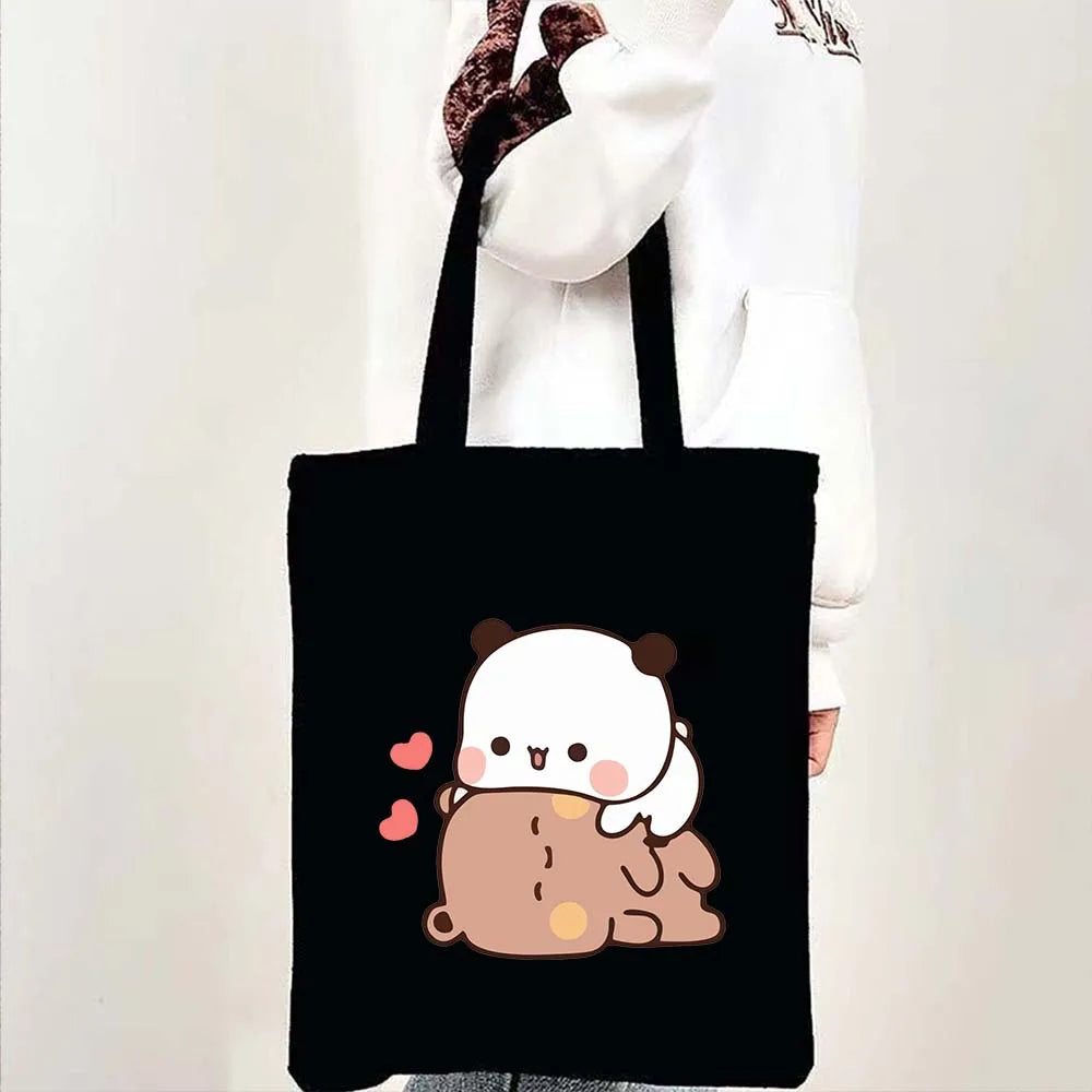 Cute Kawaii Bear Canvas Tote Bag – Bubu Dudu Love Couple Eco-Friendly Cotton Shopper for Women & Girls
