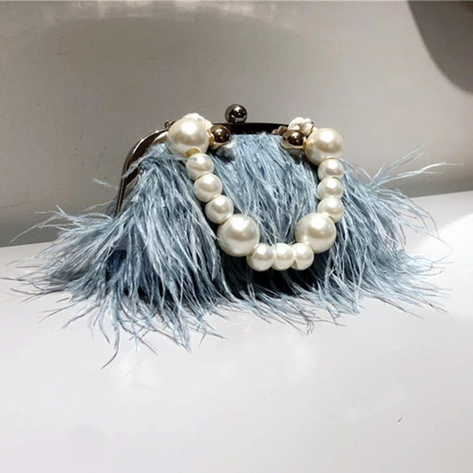 Luxury Feather Handbag Women's Evening Crossbody Pearl Chain Snake
