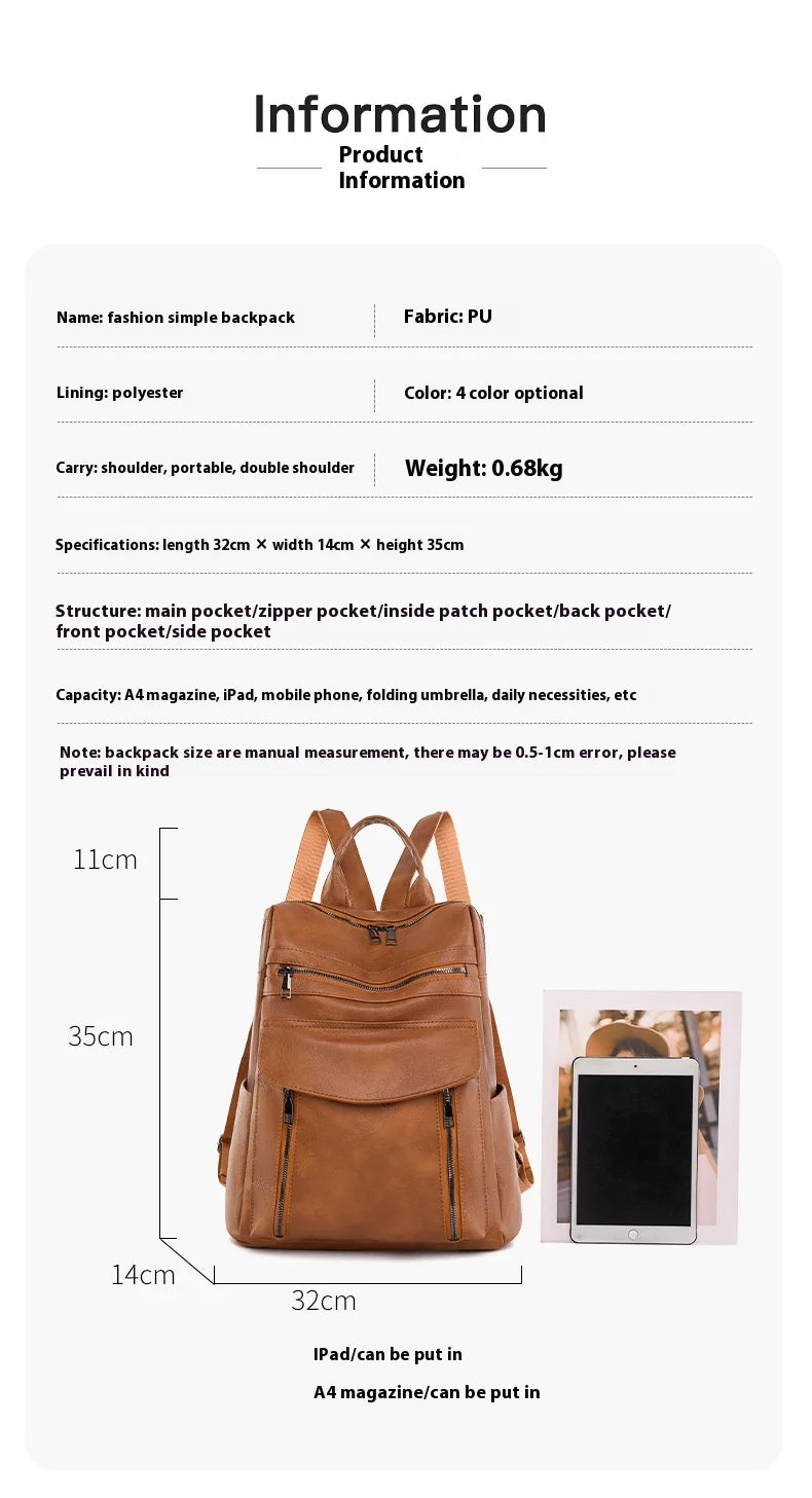 Stylish PU Leather Backpack for Women – Lightweight iPad Daypack for Work, Travel & Daily Use